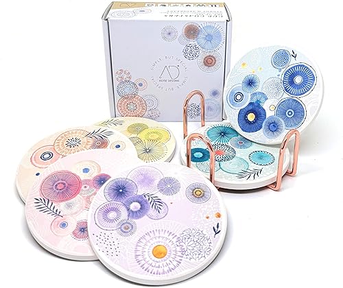 Miniatura 10 de AD Juego de 6 posavasos para absorber bebidas, redondos, de cerámica, con base de corcho, tapete de protección de mesa para tazas y tazas, oficina