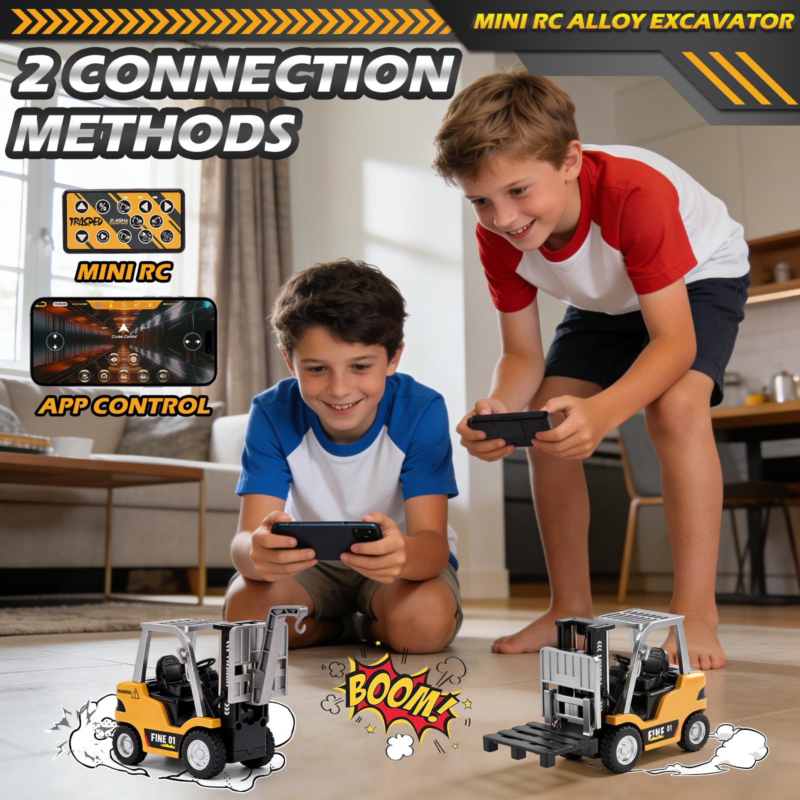 Mini Carretilla Elevadora RC, 1:64 Juguete de Carretilla Elevadora Teledirigida con App y Mando 2,4 GHz, Horquillas y Gancho, Vehículo de Construcción RC con Luces y Sonido - 5