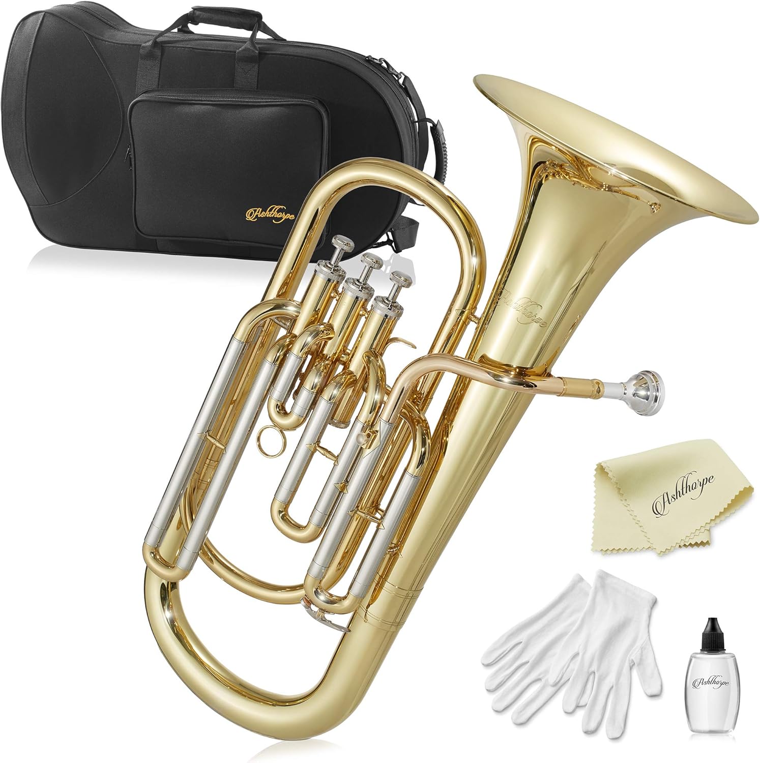 Ashthorpe Bb Baritone with Stainless Steel Pistons, Gold Lacquer - Includes Case, Mouthpiece Gloves, Cleaning Cloth and Piston Oil : Musical Instruments