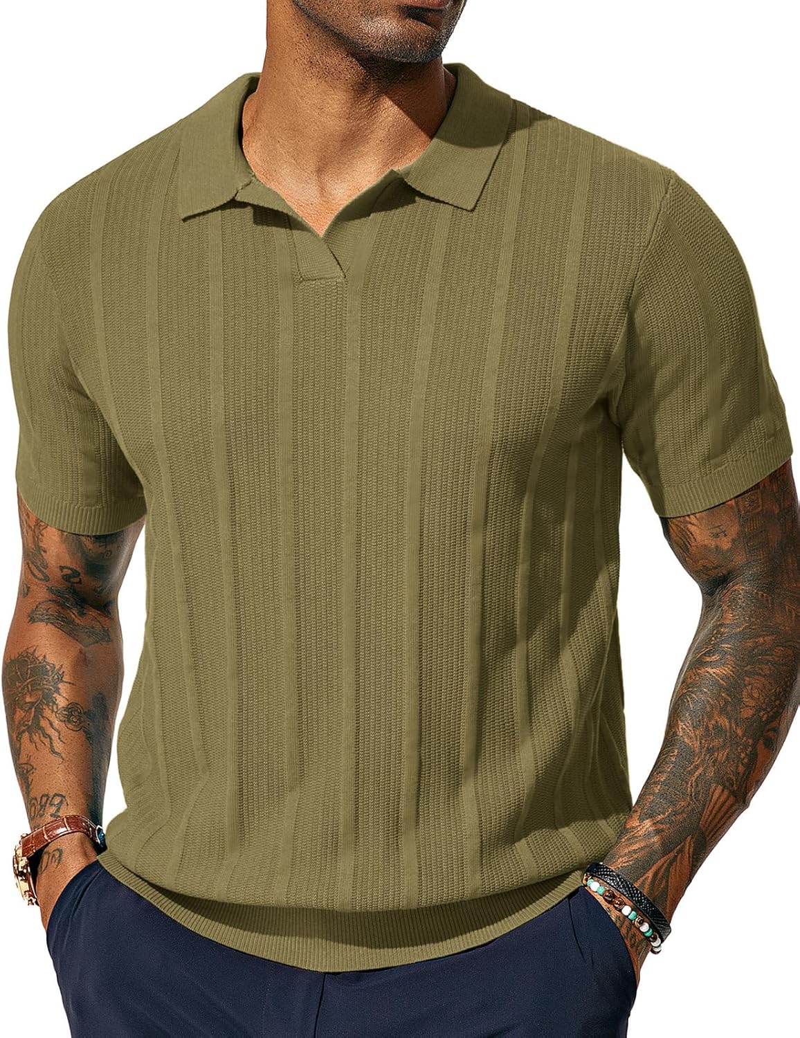 PJ PAUL JONES Mens Polo Shirts Regular Fit Textured V-Neck Knit Golf Polos