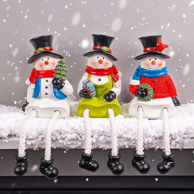 Dazzle Bright Christmas Figurines, Set of 3 Resin Santa Snowman Sitters with Dangling Legs, Xmas Table Fireplace Shelf Sitters Decorations Sitting Figurines Ornament for Indoor Home Decor