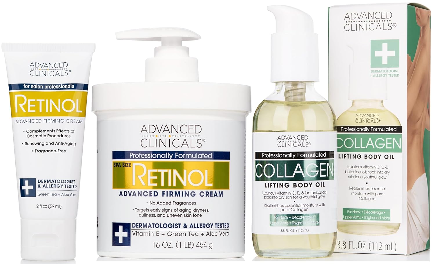 Advanced Clinicals Retinol Firming Cream + Retinol Travel Size Firming Cream + Collagen Lifting Body Oil Set