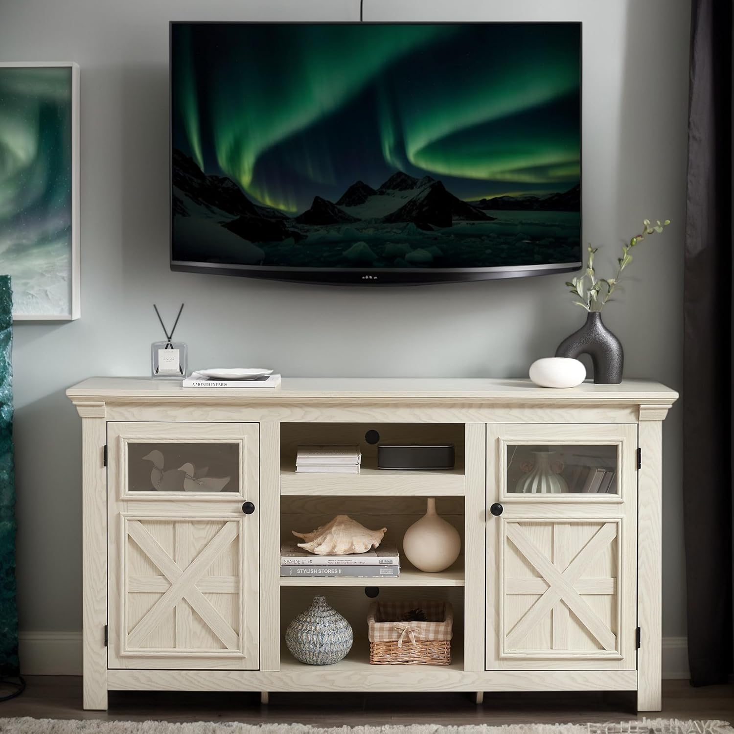 60" Farmhouse TV Stand for TVs Up to 70 Inch, Rustic Entertainment Center with Barn Doors, Adjustable Shelve, Wooden TV Console Table for Living Room (White, Barn Door)