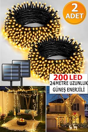 G ne  Enerjili 10 Metre 100 LED D  Mekan Dekoratif Bah e I k Zinciri S cak Beyaz, 8 Farkl  I k Modu, Solar Led Ayd nlatma Balkon,  it, A a , Teras ve Y lba  S sleme  2 Paket  [Enerji S n f  A]