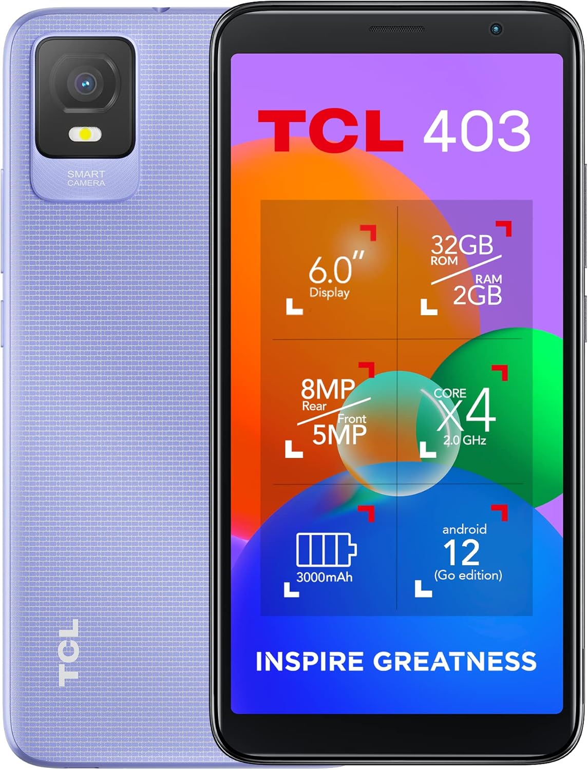 TCL 403 SMARTPHONE, 32GB plus 2GB RAM, 6.0 inches DISPLAY 3000 mAh – LAVENDER PURPLE (Renewed)