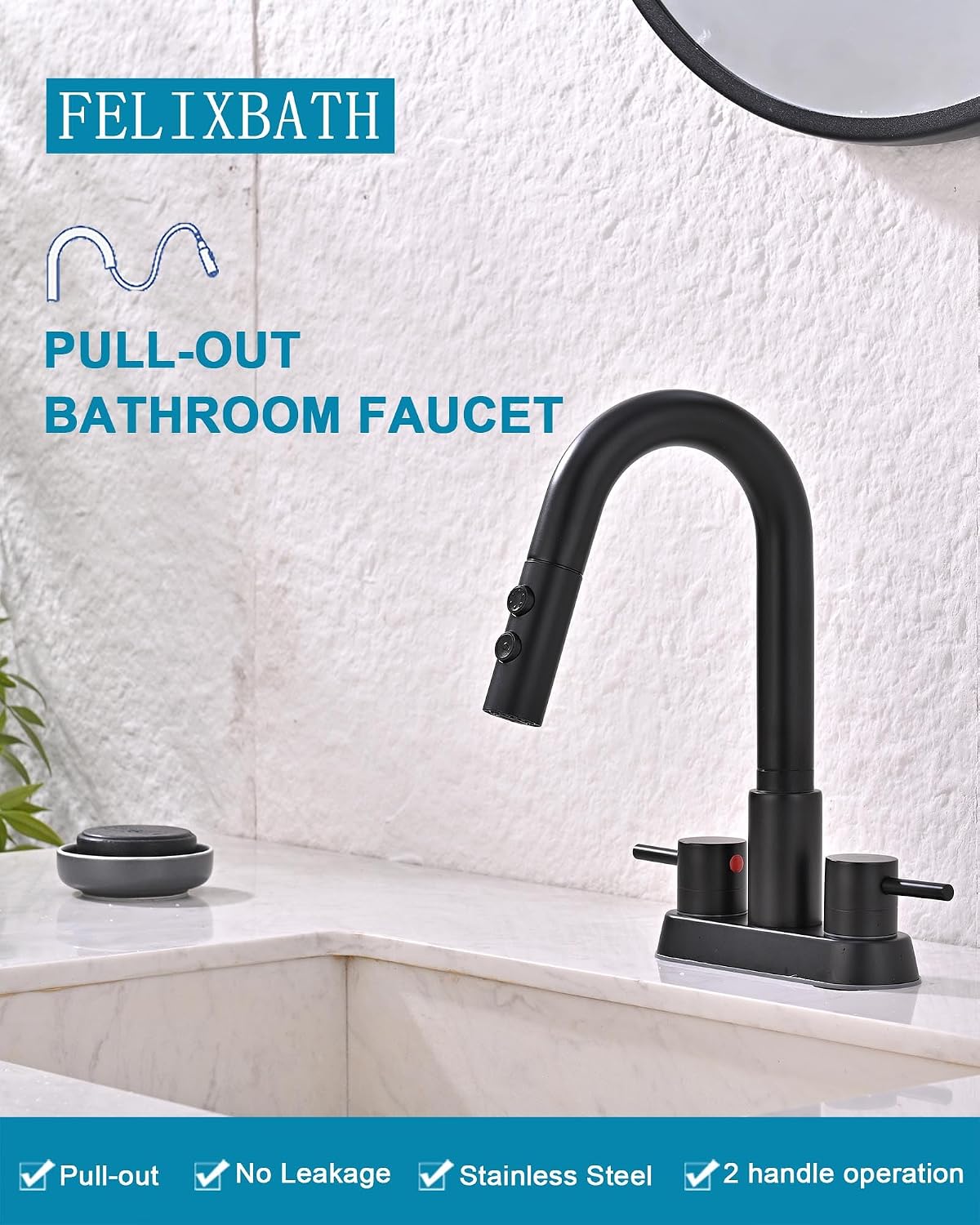 Matte Black 4 Inch 3-Hole 2-Handle Bathroom Sink Faucet with Pull Down Sprayer, 360° Swivel Spout & Pop-Up Drain