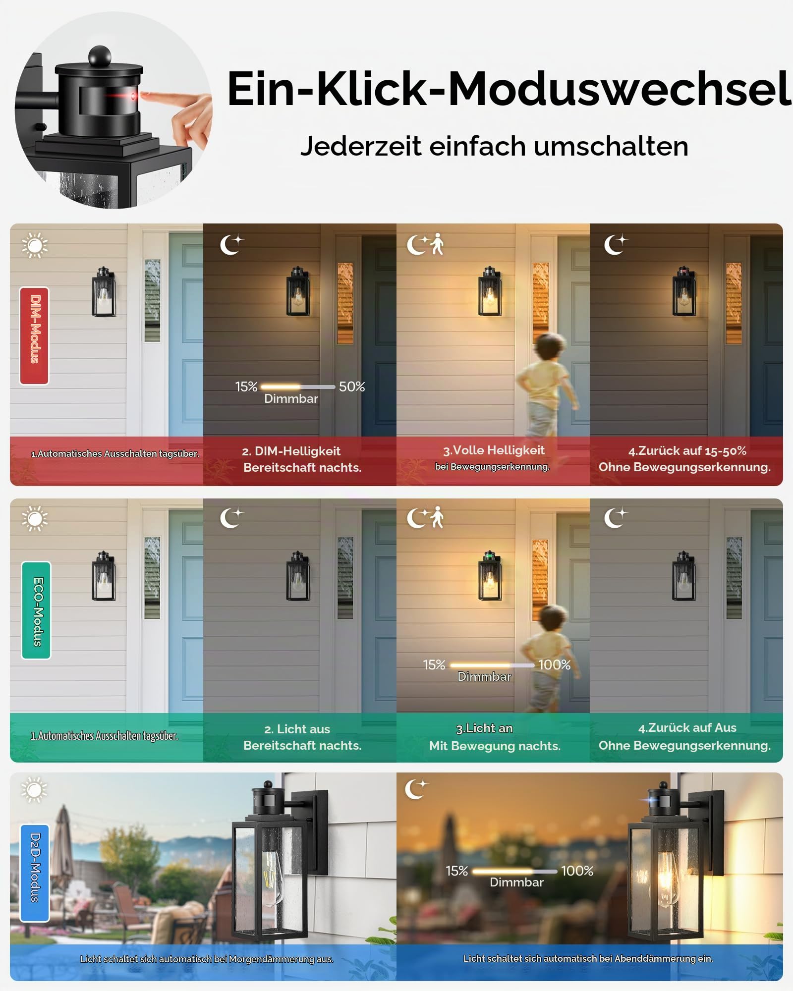 VIANIS Außenleuchte mit Bewegungsmelder, Modern PIR Aussenlampe Wand für Häuser, E27 Wandleuchte Schwarz mit Seed-Glas, Wasserdichte Außenbeleuchtung aus Aluminium, Außenlampe Eingangsleuchte für Flur