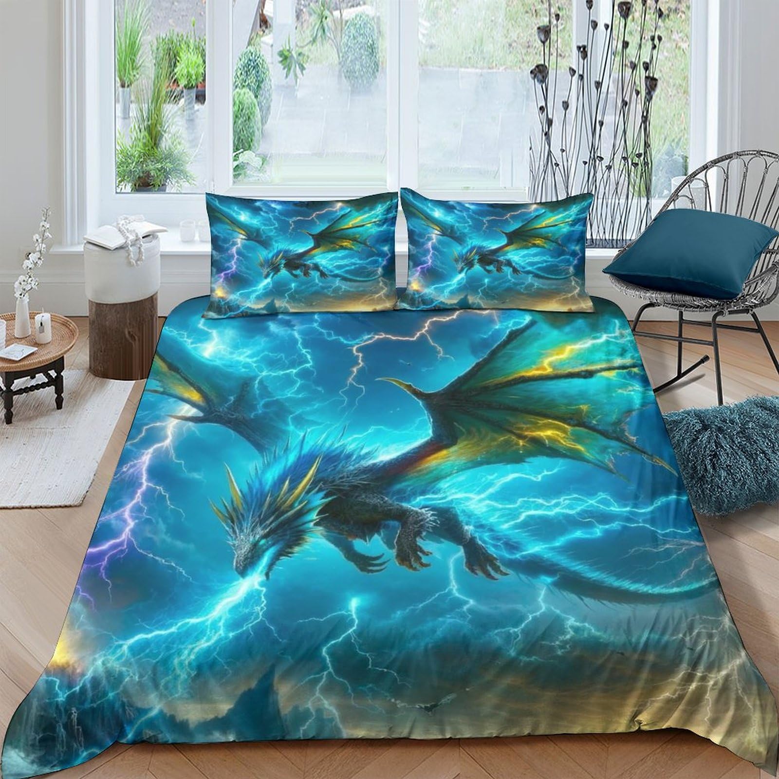 QPIRINMEX Flying Dragon 3D Printed Duvet Cover Set Movement Bedding Set Microfiber Quilt Cover Double（200x200cm） with Zipper Closure And 2 Pillowcases 50x75cm