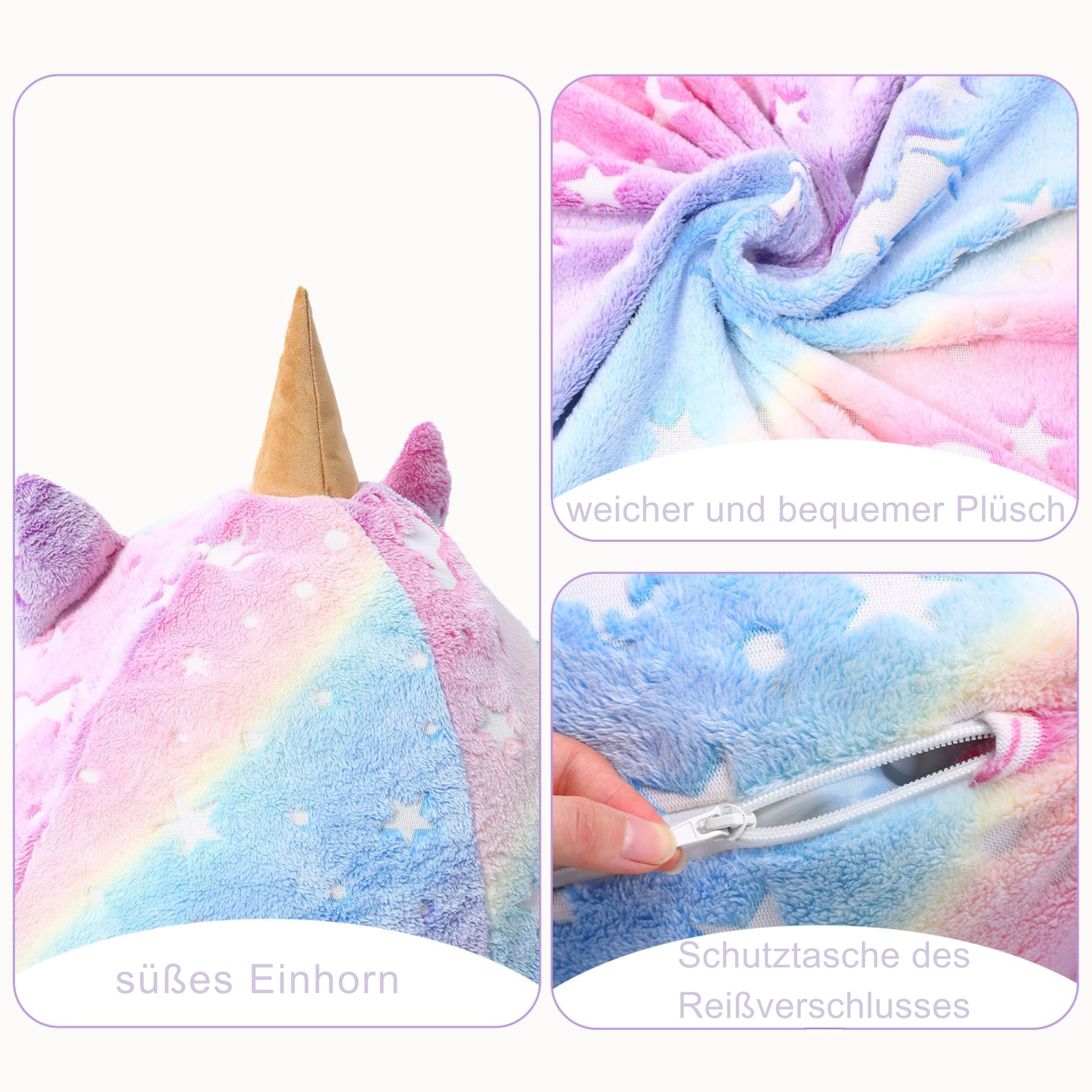 MeMoreCool Sitzsäcke für Kinder von 8–12 Jahren, großer Sitzsack mit Füllung, großes Kleinkinder-Sitzsackbett mit Einhorn, Faule Bodenliege für Kinder für Mädchen und Jungen, Leuchtend Regenbogen