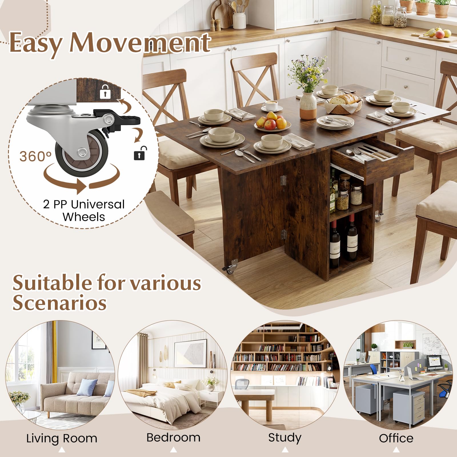 GIANTEX Tavolo da Pranzo Pieghevole, Mobile da Cucina con Ali Pieghevoli, 1 Cassetto e 2 Ripiani Aperti, per 2-4 Persone, Salvaspazio, 120 x 72 x 75 cm, Ideale per Sala e Cucina