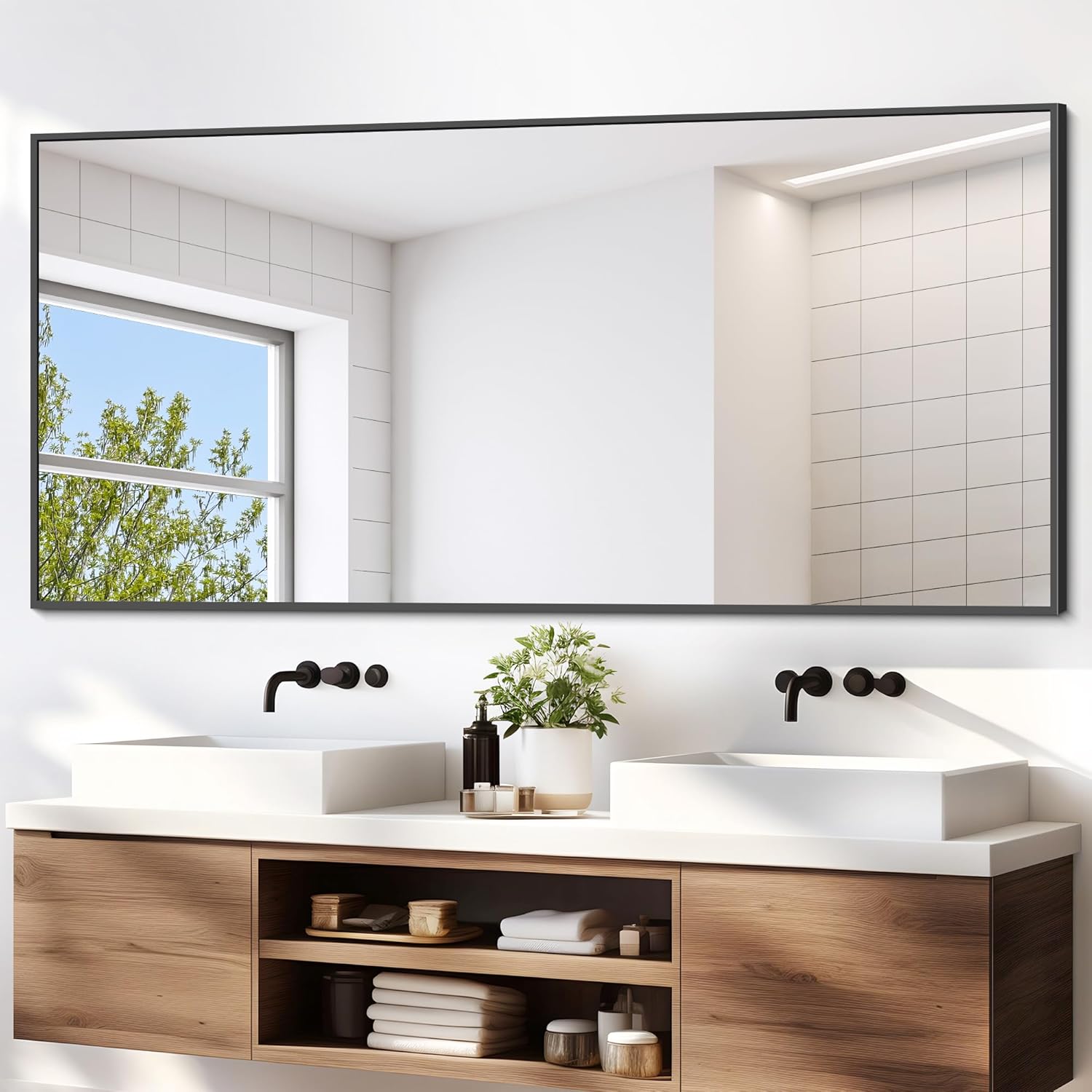 Black Bathroom Mirror for Wall, 72x36 Inch Rectangle Mirrors with Metal Frame, Mode...