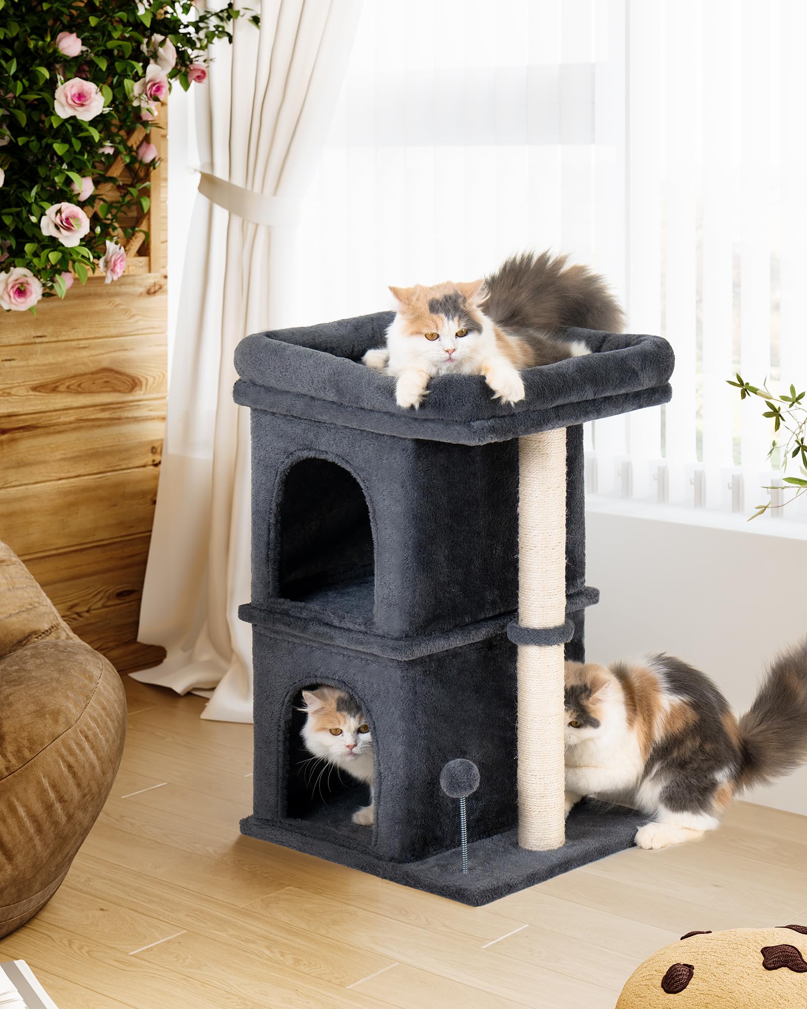 Aechonow 61cm Kratzbaum für Große Katzen Stabil, 2 Katzenhöhle fur Indoor Klein Katzen, Katzenbaum mit Große Liegefläche(48 x 40cm), 61cm Hohe Katzentonne Klein, Dunkel Grau