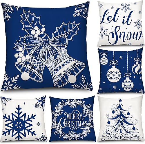 6 fundas de cojín de Navidad para decoración de Navidad, decoración de vacaciones, para sofá, Navidad, oficina, dormitorio (estilo azul, 20 x 20