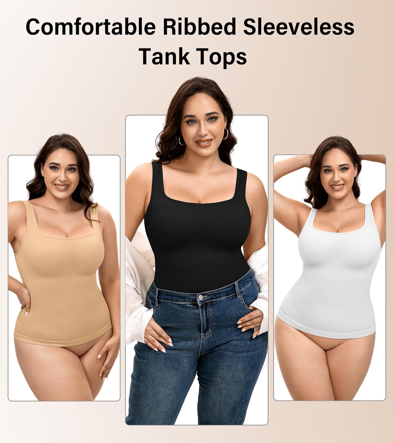 Womens Shapewear Tank Tops Tummy Control Seamless Square Neck Compression Tops Body Shaper Camisole Top - Image 7