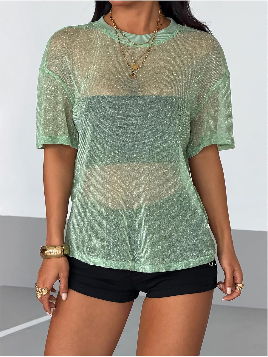OYOANGLE Women's Sparkly Glitter Rave Concert Outfits Going Out Top Short Sleeve See Through Blouse Mesh Shirt