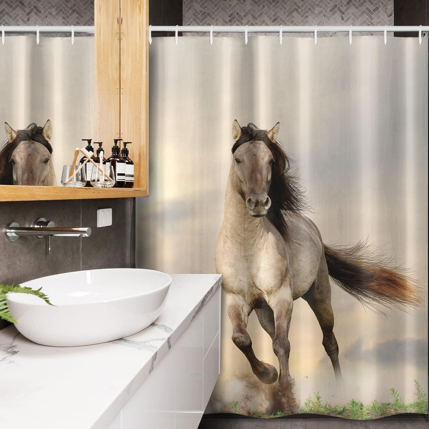 Ambesonne Horses Stall Shower Curtain, Wild Young Stallion Horse Running at Sunset Male Power Muscular Physique Nobility Photo, Fabric Bathroom Decor Set with Hooks, 54" W x 78" L, Beige