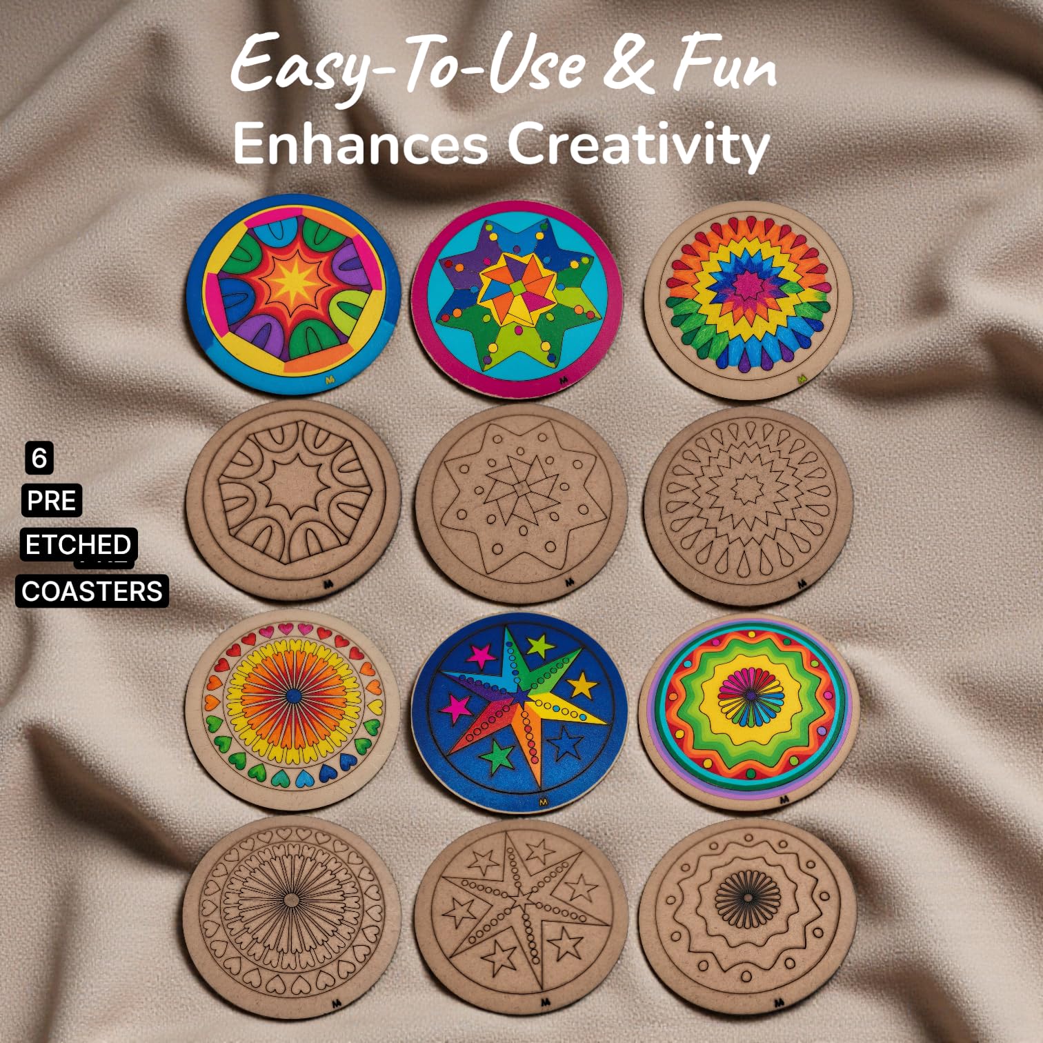 BAGJI TOYS DIY Coaster Painting Kit for Kids & Adults – 6 Pre-Marked Wooden Tea Coasters with Stand, 12 Acrylic Colours & Brush – Mandala Art & Craft DIY Set – Beginner Friendly Painting Craft Kit, Birthday & Gift Activity (MandalaA4) 3