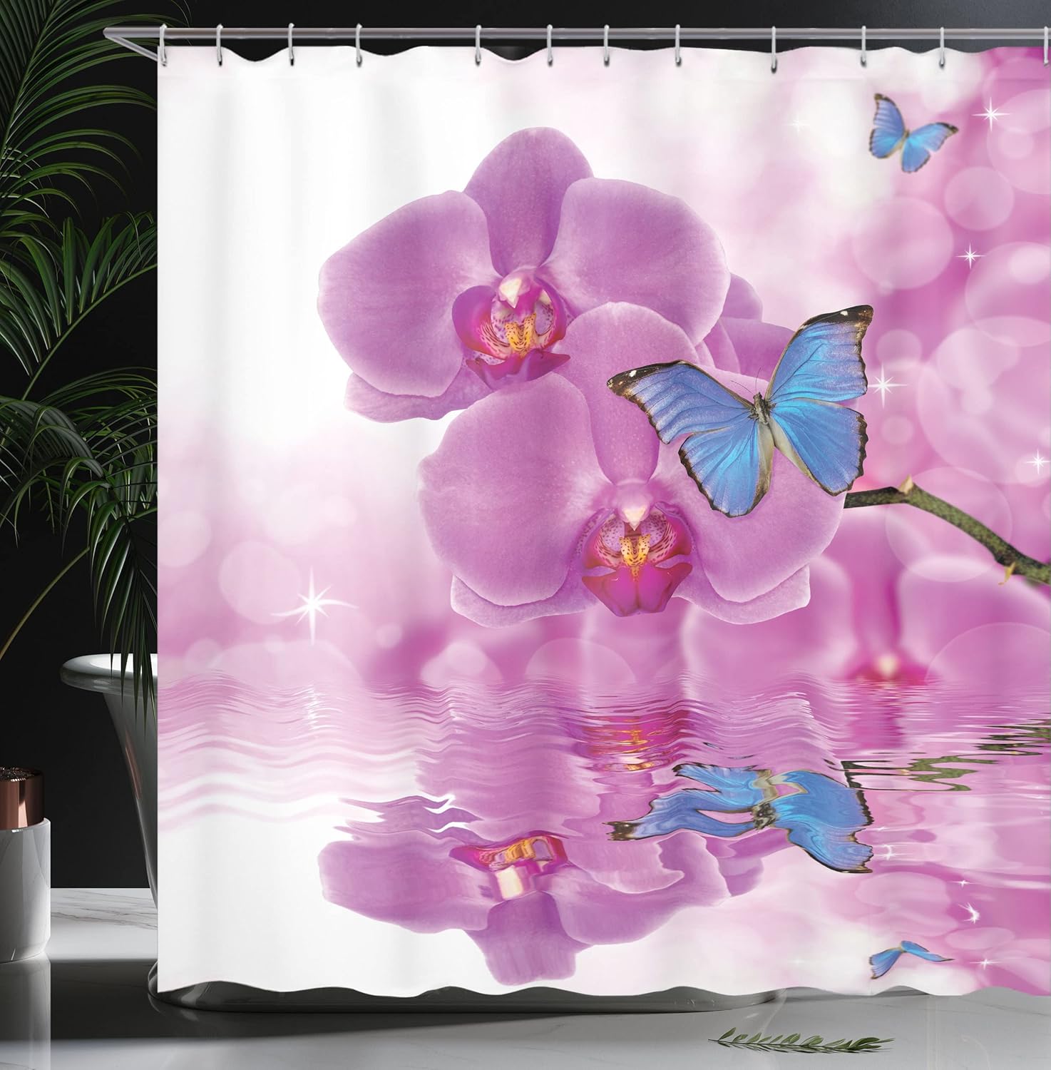 Ambesonne Butterflies Shower Curtain, an Orchid with Butterflies Reflection on The Water and a Blooming Botany Plant of Branch, Cloth Fabric Bathroom Decor Set with Hooks, 69" W x 84" L, Pink Blue