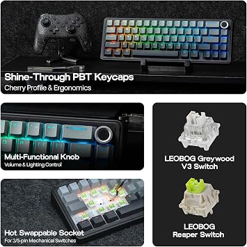 epomaker x auditorium f65 pro wireless mechanical gaming keyboard hot-swappable knob and shine-through pbt keycap rgb bluetooth/2.4ghz wireless qwerty us 65% layout (grey reaper switch)