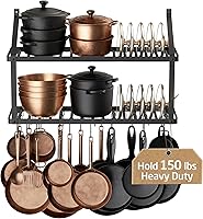 KES 150lb Heavy Duty Wall Mounted Pot Rack with Lid Holder - 34" Wide, 20 Hooks, Easy Template Install, Matte Black