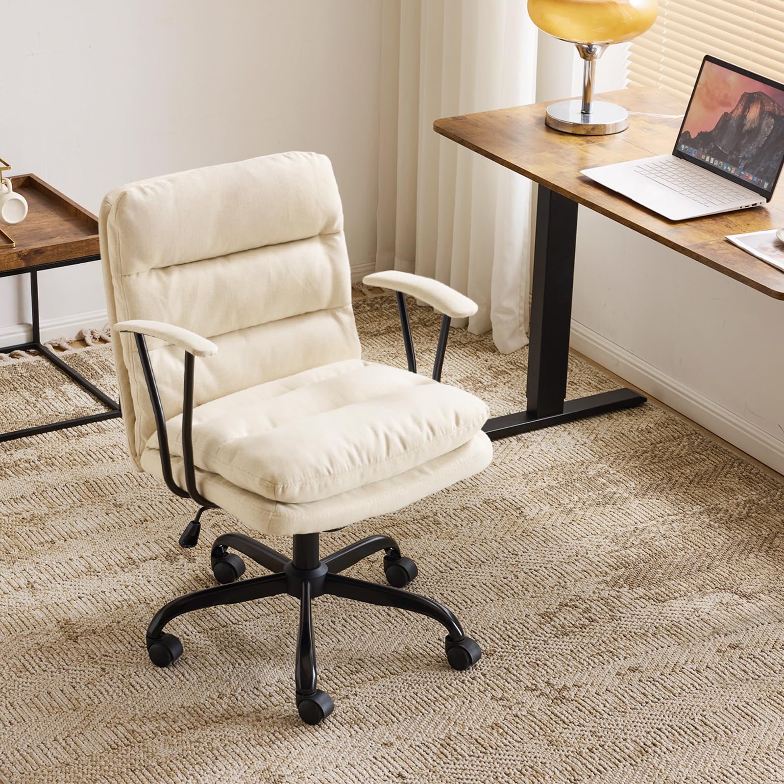Bonnlo Vanity Desk Chair Comfy with Wheels & Removable Armrests,Upholstered Dressing Table Chair with Back, Adjustable Swivel Computer Task Chair for Makeup,Office,Bedroom,Linen Fabric (Dark Grey)