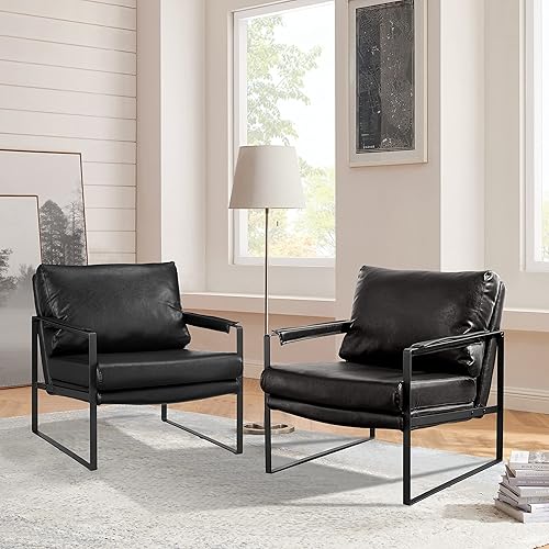 Art Leon Accent - Juego de 2 sillas de cuero sintético moderno de mediados de siglo silla de salón con patas de metal negro negro