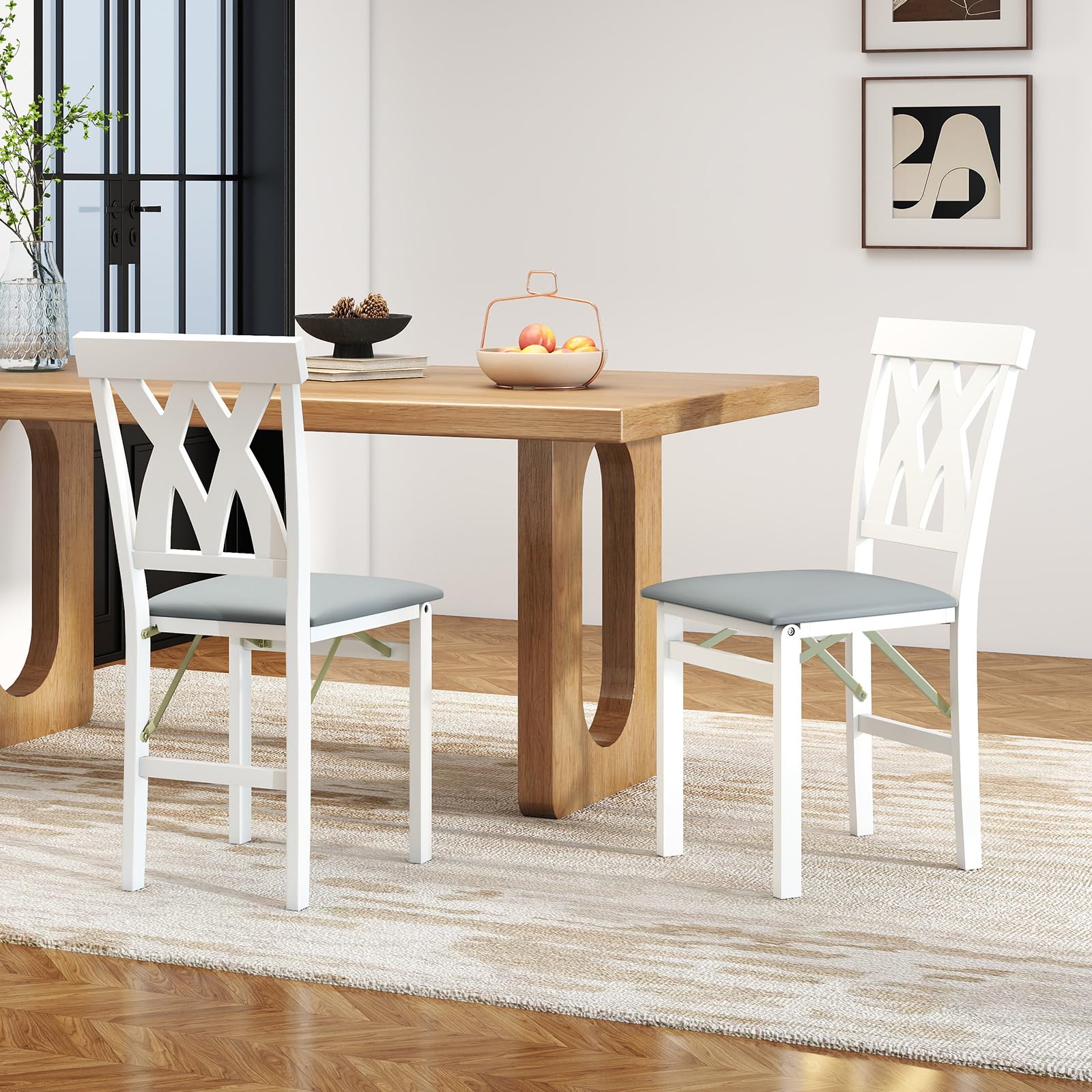COSTWAY Lot de 2 Chaises de Salle à Manger Pliantes en Bois, Chaise de Cuisine avec Cadre en Bois de Caoutchouc, Siège Rembourré, Dossier Incurvé, pour Maison, Bureau, Appartement (Blanc)