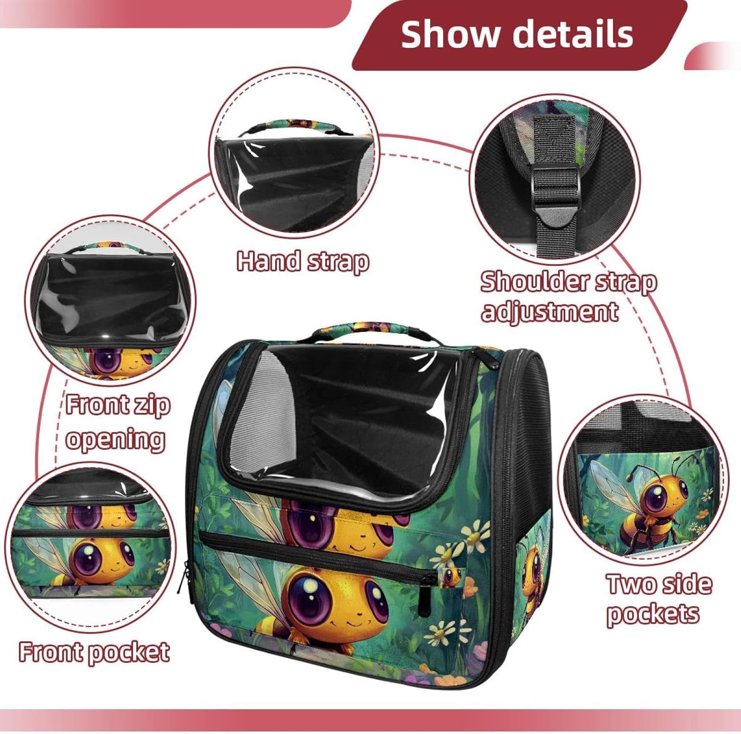 Cartoon Bee Transparent Pet Carrier for Travel Hiking for Kitty Small Dog