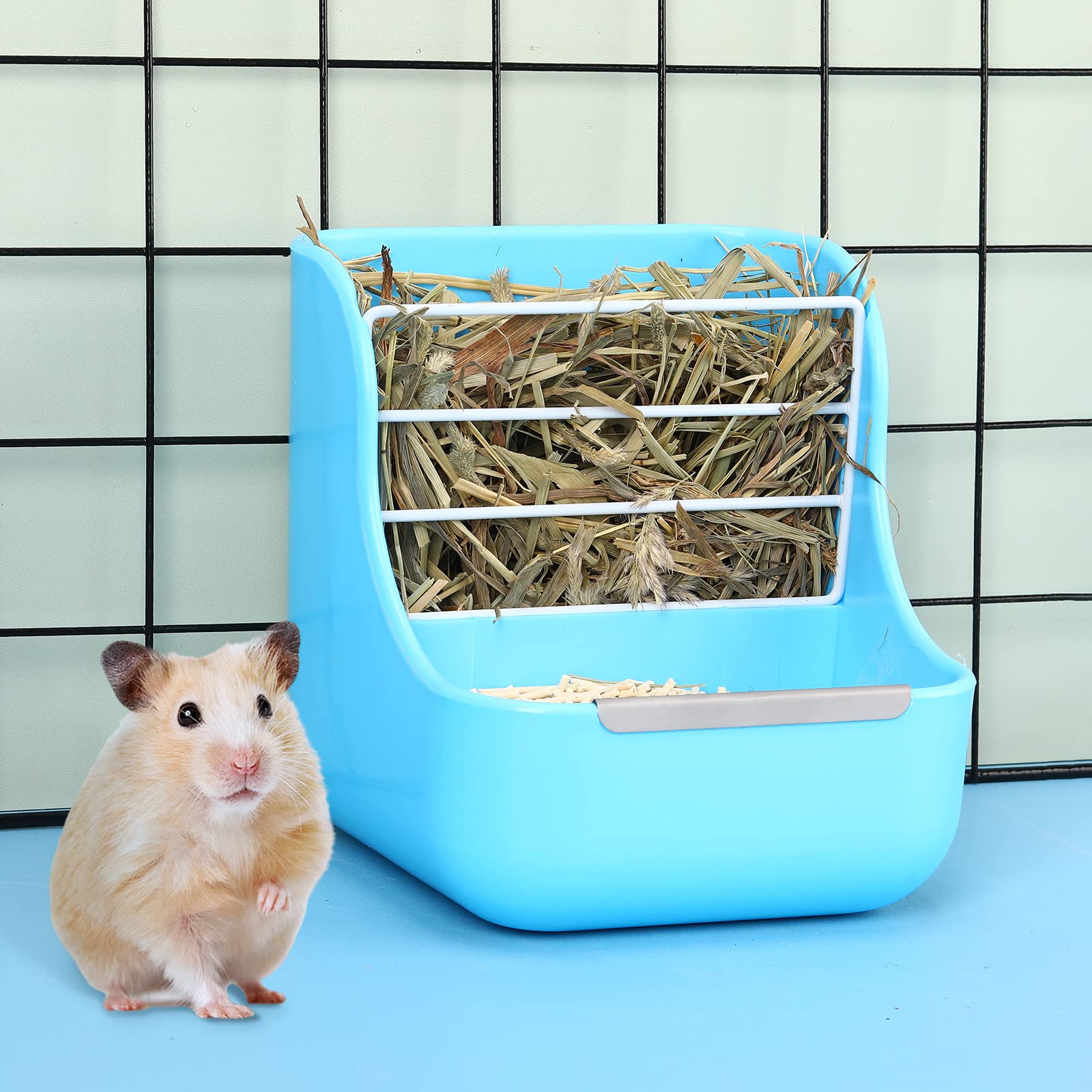 Kacctyen 4 Pcs Hay Feeder Bunny Hay Rack Manger Hay Food Bin Feeder Hanging Feeder Dispenser Double Use for Grass and Food Blue Guinea Pig Food Bowl Chinchilla Hay Holder for Small Pets - image 6