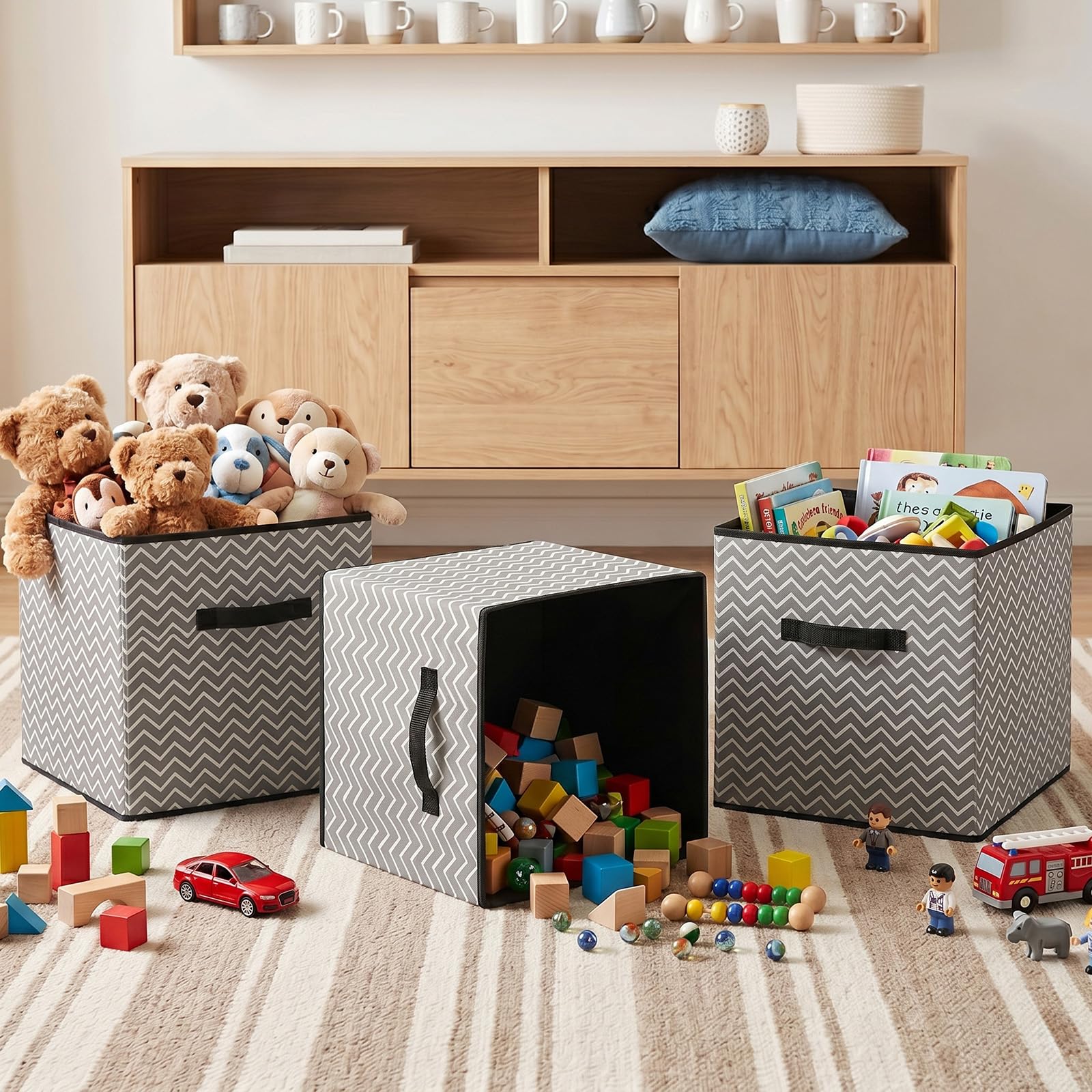 Stoff-Aufbewahrungsbox 4er-Set 33x38x33 cm – Faltbare Aufbewahrungskisten mit Griffen, Organizer für Schrank, Regal, Schublade, Kleiderschrank, Mehrfarbig (Grau mit großen Pfeilen)