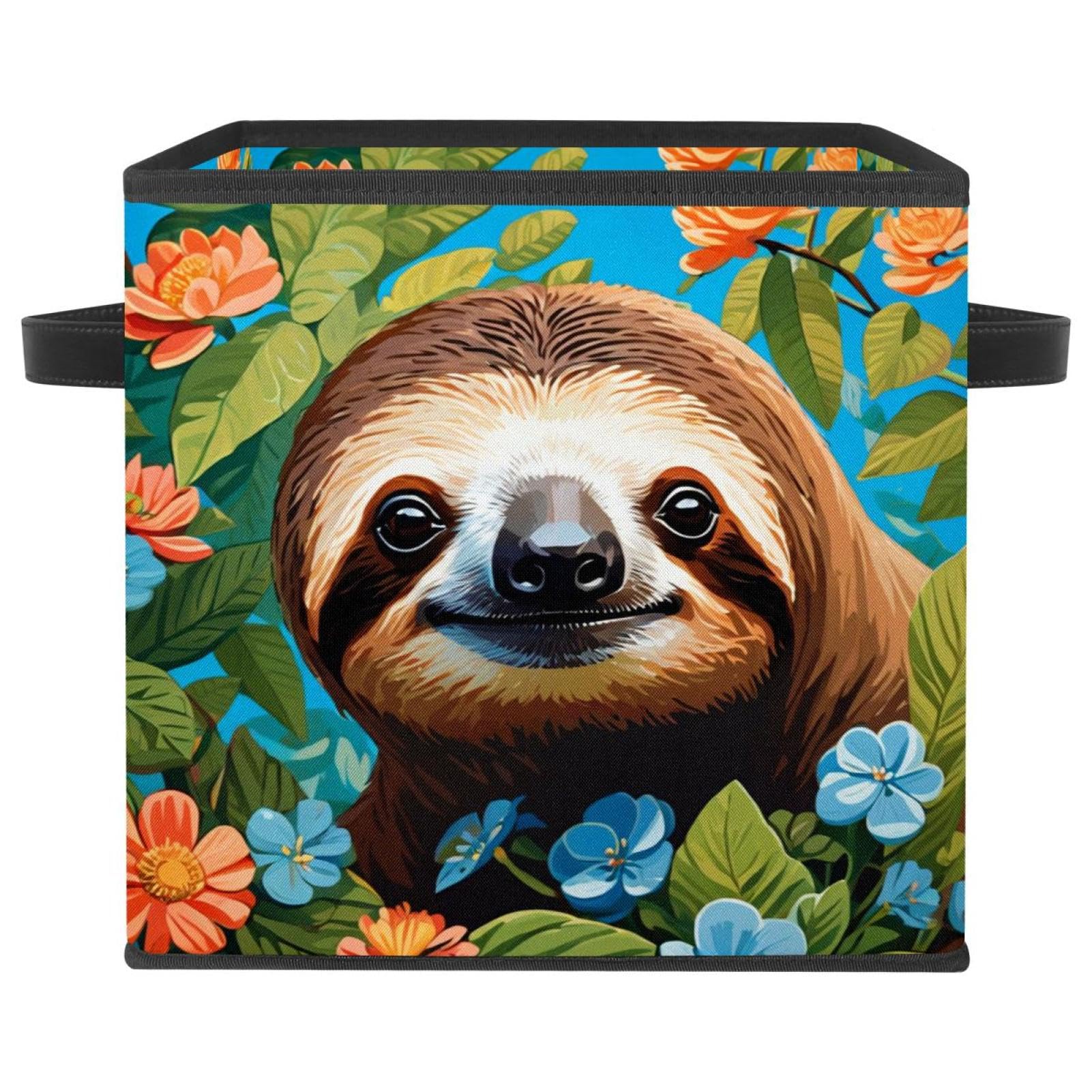 Bac de rangement cube 27cm pliable avec poignées cuir motif paresseux