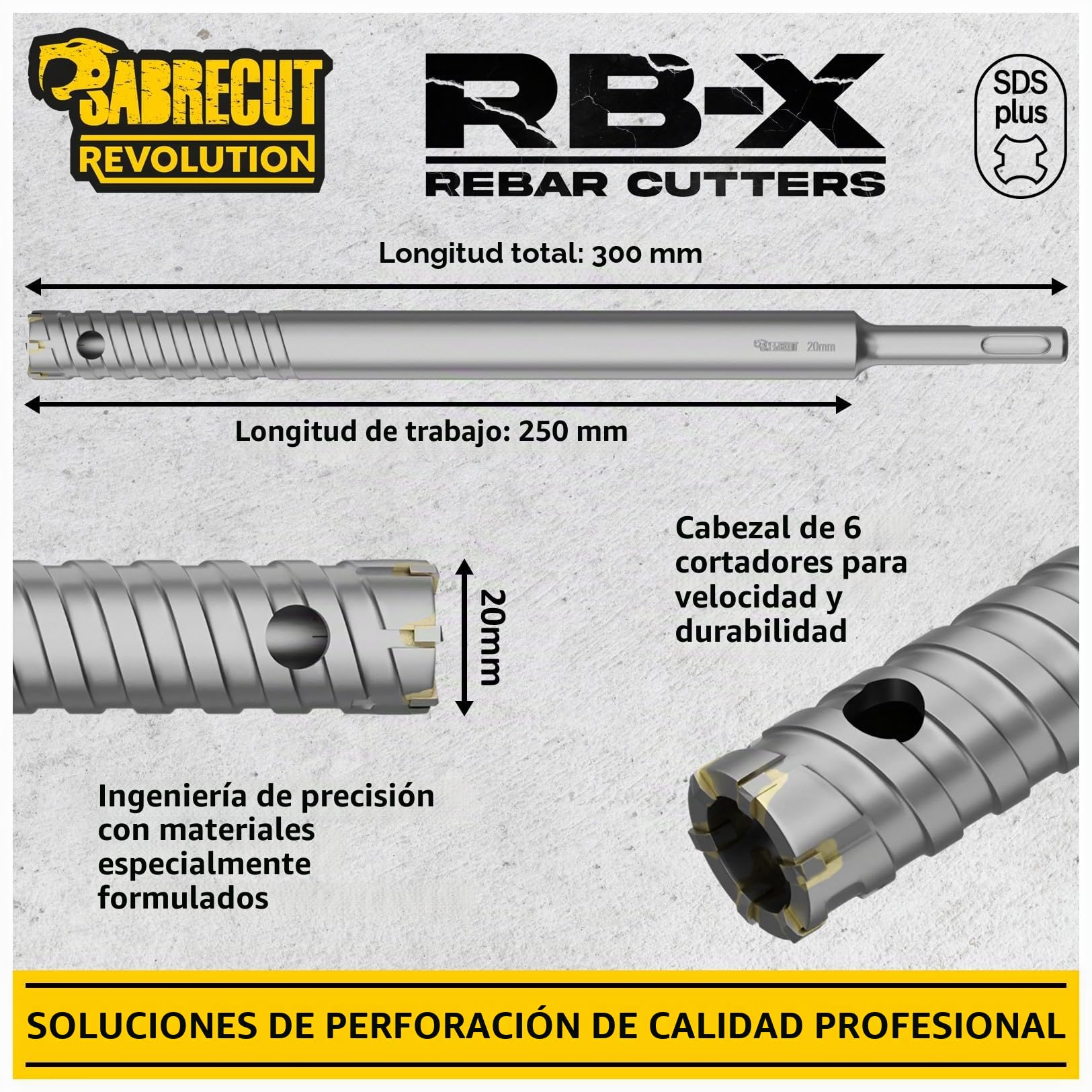 SabreCut 1pc SCRB20 20mm x 300mm Brocas Resistente | Puntas carburo de tungsteno y soldadura precisa cortan duraderamente varilla embebida