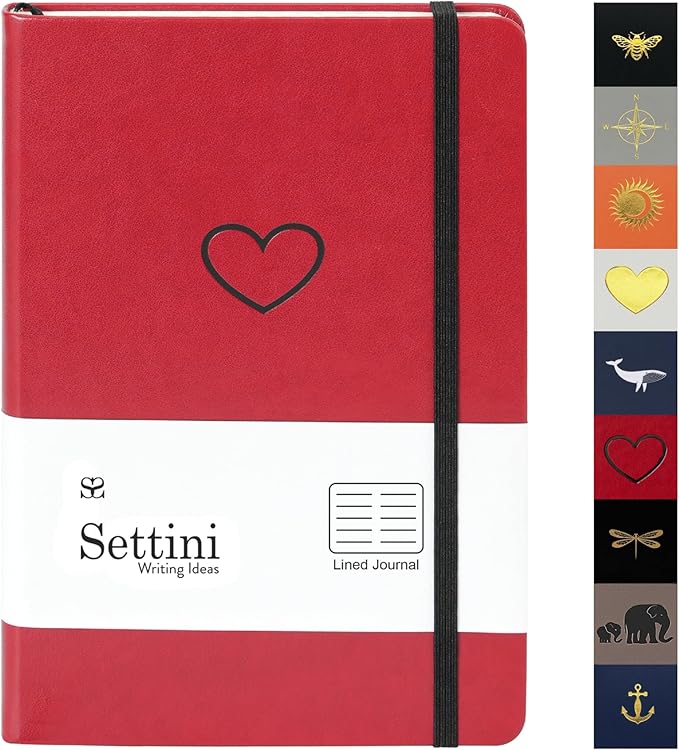 SETTINI® Hardcover Journal Notebook - Faux Leather, Elastic Closure, Bookmark, Inner Pocket. Lay Flat, Lined, Ruled. Classic Writing Notebook (Red Heart) - Gifts for Mom
