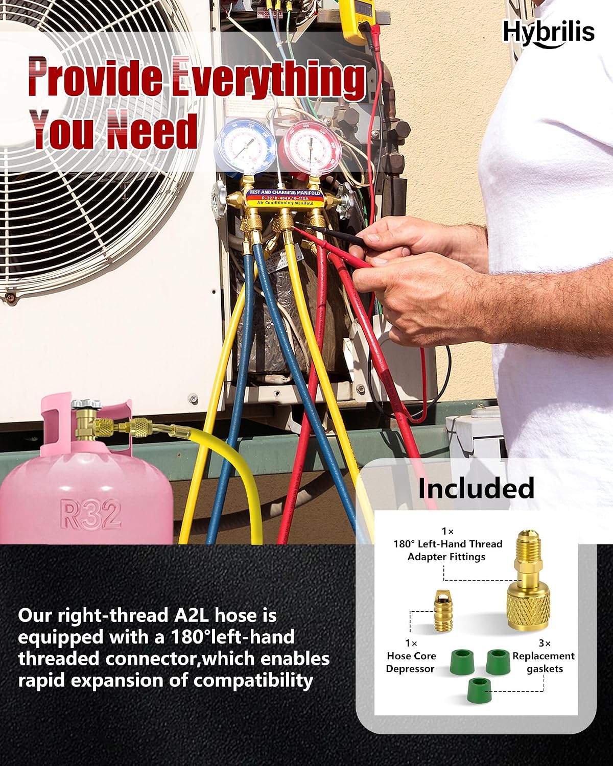 New A2L Refrigerant Hoses, 12Ft, 1/4"Flare Fittings, 45 Degree Fittings