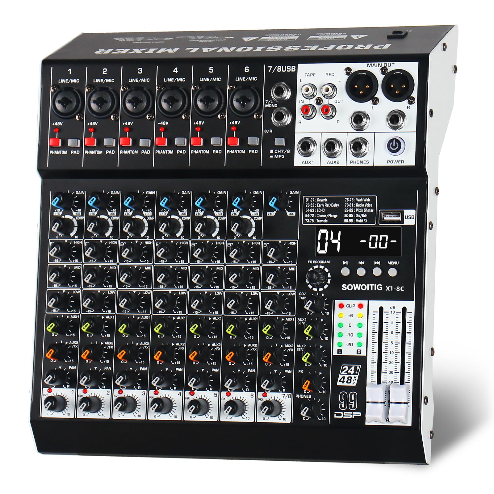 Mixer audio a 8 canali Mixer Console professionale con 99 effetti DSP, scheda di mixaggio del suono Mixer digitale DJ w/USB Bluetooth MP3 per la registrazione