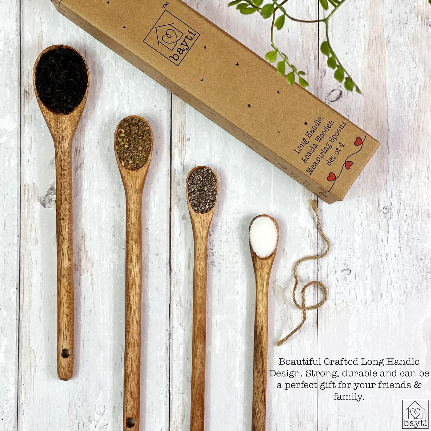 Juego de 4 cucharas medidoras de madera de acacia de mango largo, 100% natural de grado alimenticio