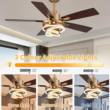 52 Gold Ceiling Fan with Adjustable Light Rings & Remote Control