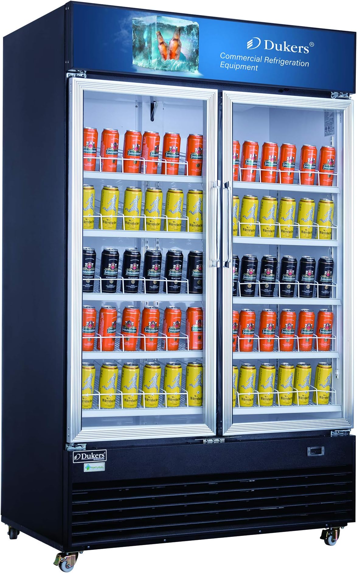 Dukers DSM-41R 34.3 cu. ft. Commercial Glass Swing 2-Door Merchandiser Refrigerator