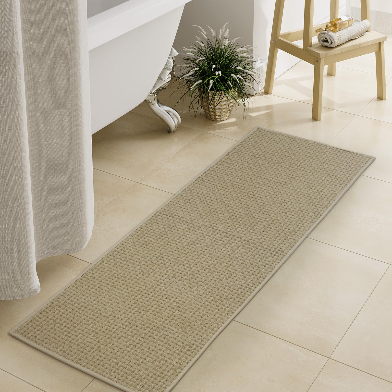 Seavish Bath Mats for Bathroom Non Slip 16"x47" Khaki Long Bathroom Rugs Runner Washable Soft and Absorbent Waffle Knit Bath Mat Thin Rugs for Bathroom Floor Bathtub Vanity