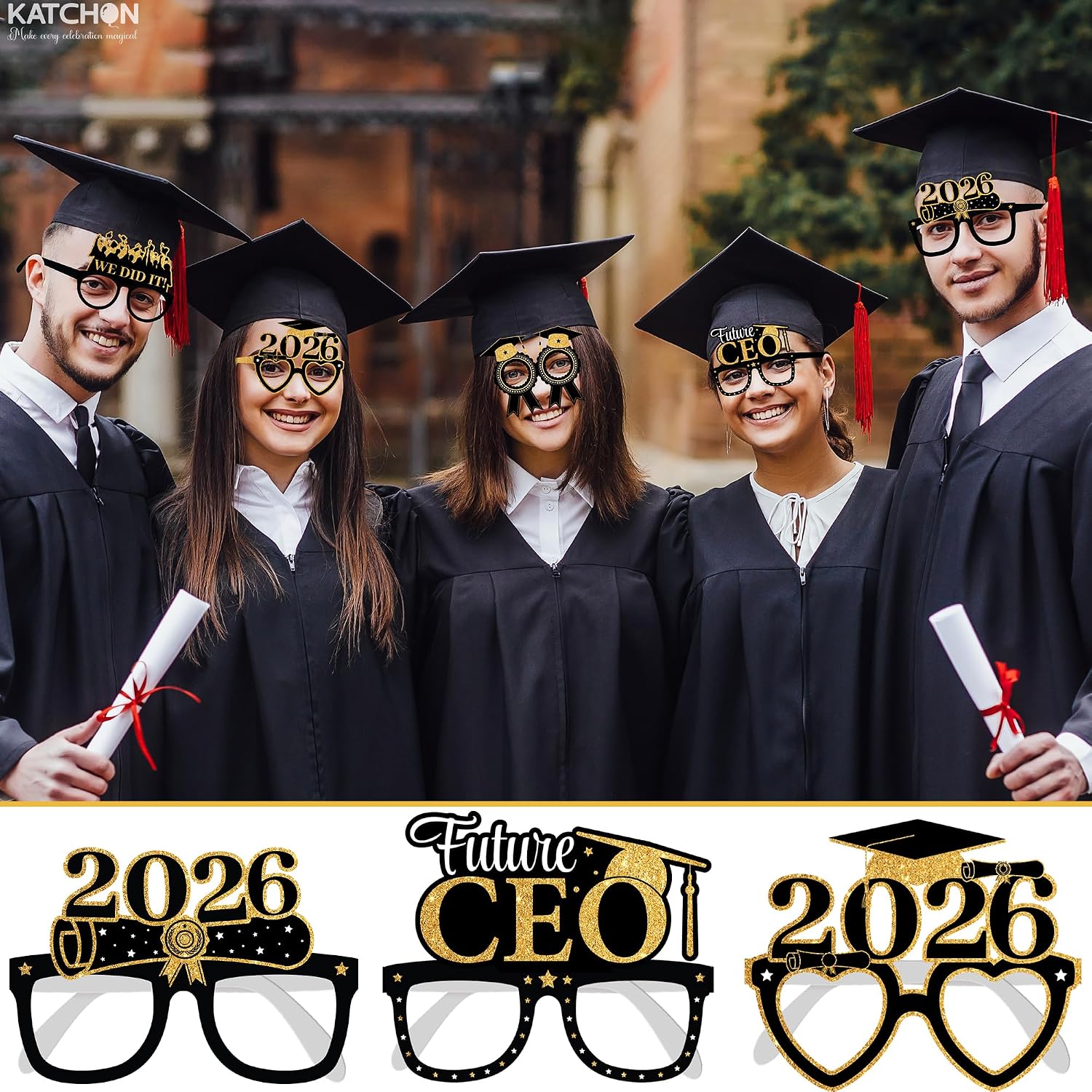 KatchOn, Black and Gold Graduation Glasses - Pack of 12 | Graduation Photo Props, Graduation Decorations 2026 Glitter Grad Photo Props for Congrats Grad Decorations | Graduation Party Decorations