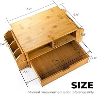 Vista 2 de Hiceeden Organizador de escritorio de bambú de 2 niveles, soporte elevador para monitor de escritorio con 1 cajón y 2 soportes para bolígrafos