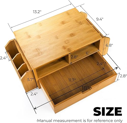 Miniatura 2 de Hiceeden Organizador de escritorio de bambú de 2 niveles, soporte elevador para monitor de escritorio con 1 cajón y 2 soportes para bolígrafos