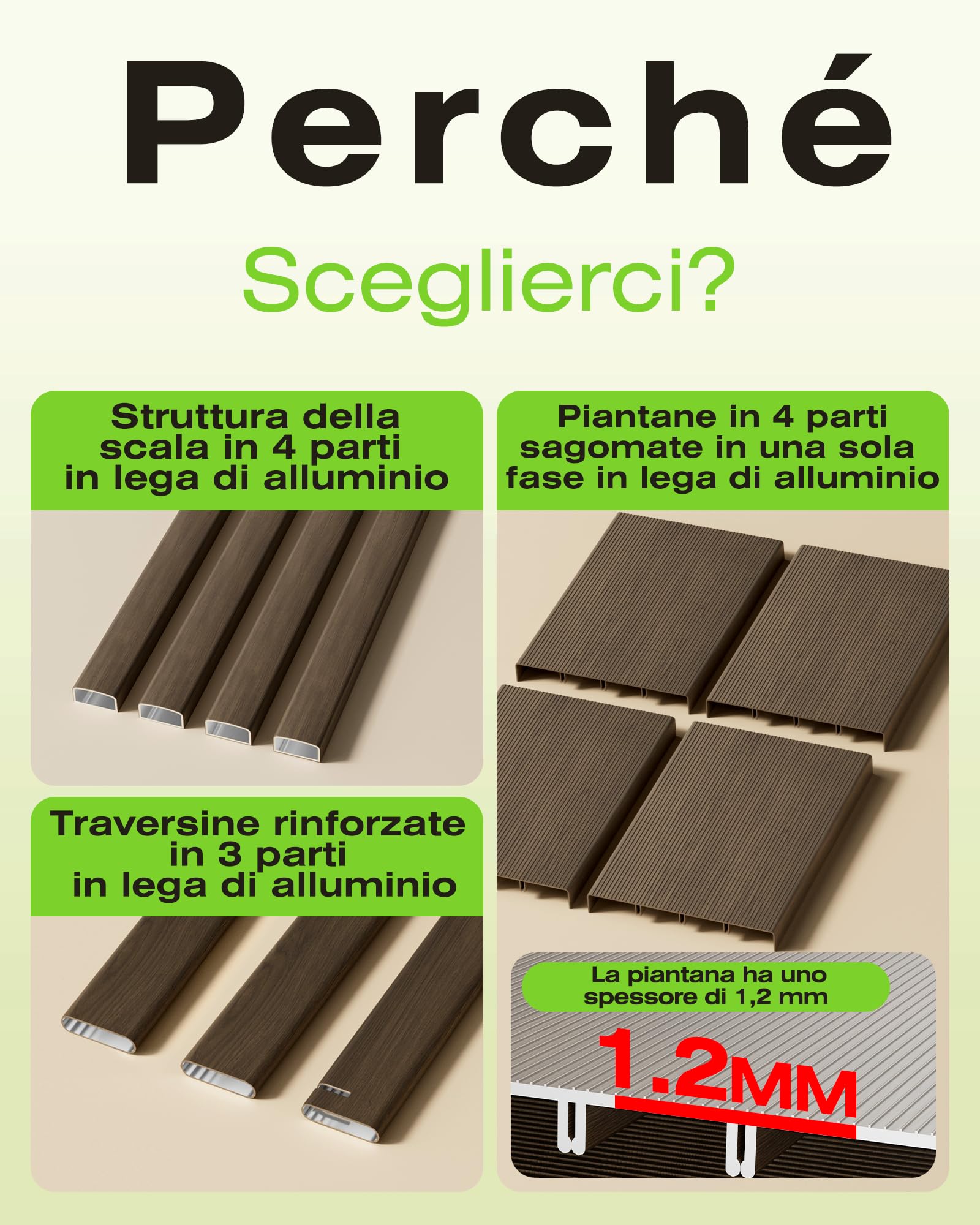 Scaletta pieghevole a 4 livelli, capacità 150 kg, con pedale antiscivolo, sgabello portatile in alluminio, facile da riporre, per interni ed esterni, aspetto estetico, effetto noce