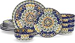 vancasso 12 Pieces Dinnerware Sets, Plates and Bowls Set, Porcelain Dishes Set for 4, Microwave and Dishwasher Safe, Scratch Resistant, Bohemian Style Dining Ware Service for 4, Series SIMI