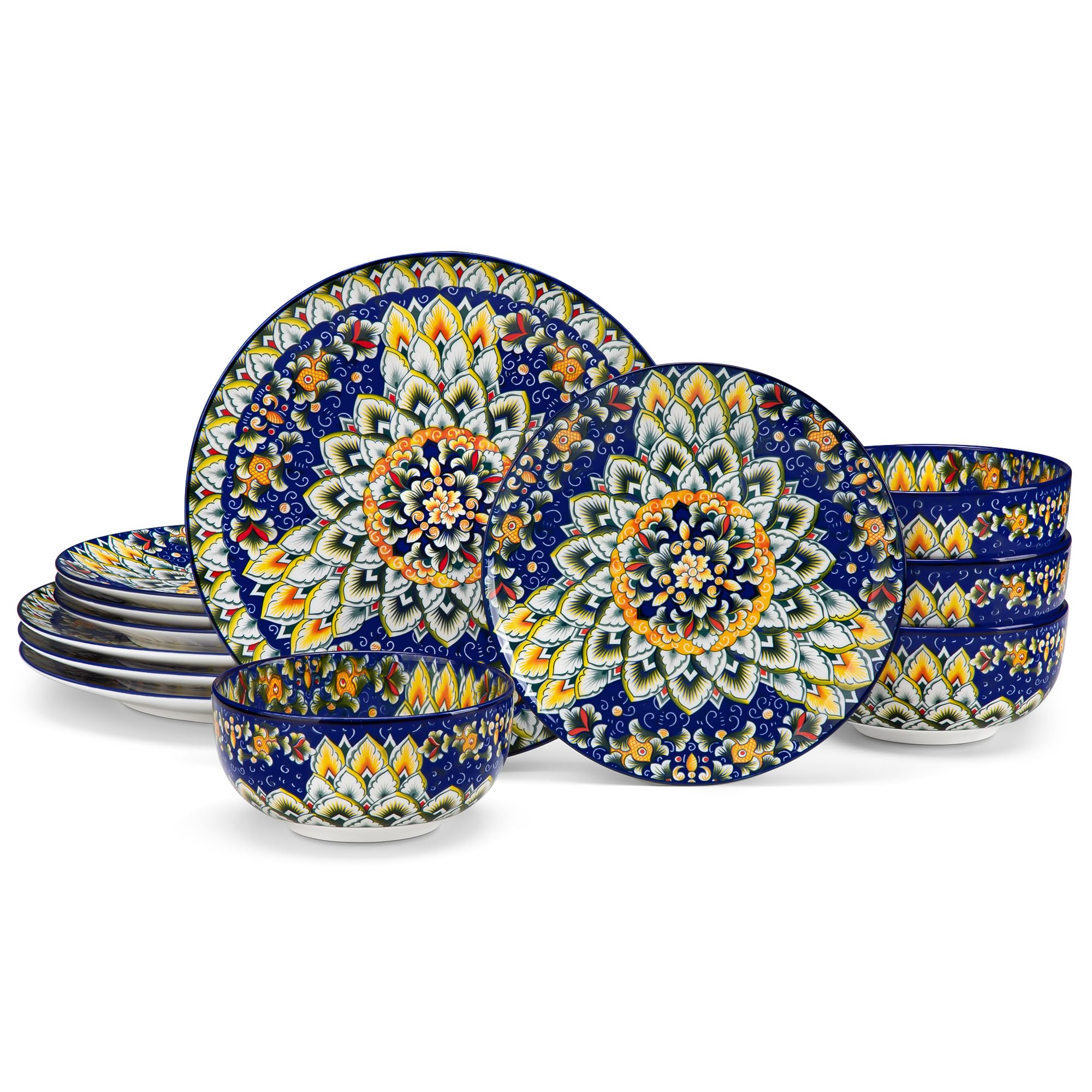 vancasso 12 Pieces Dinnerware Sets, Blue Plates and Bowls Set, Porcelain Dishes Set for 4…