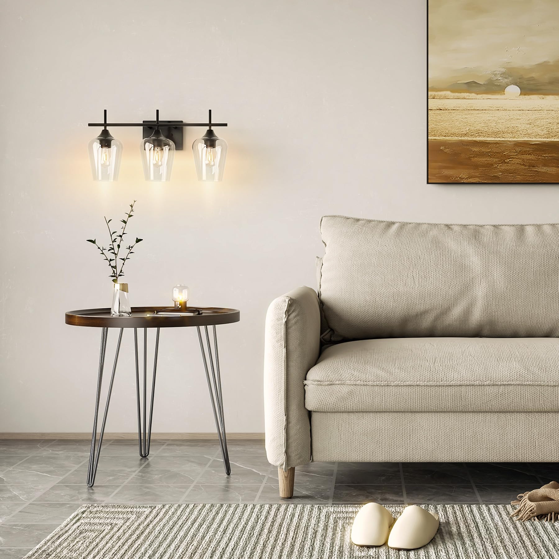 Lámpara de tocador de baño, lámpara de baño de 3 luces sobre el espejo, lámpara de pared de baño con vidrio transparente, accesorios de iluminación negros modernos para baño, dormitorio 9