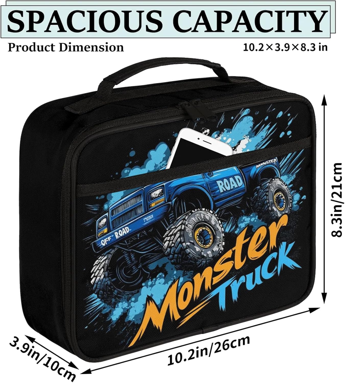 Kids Lunch Bag - Insulated Reusable Monster Car Trucks Lunch Box for Boys Girls - Waterproof Leakproof Lunchbox Thermal Meal Tote Kit for School Picnic Travel Back to School Gifts