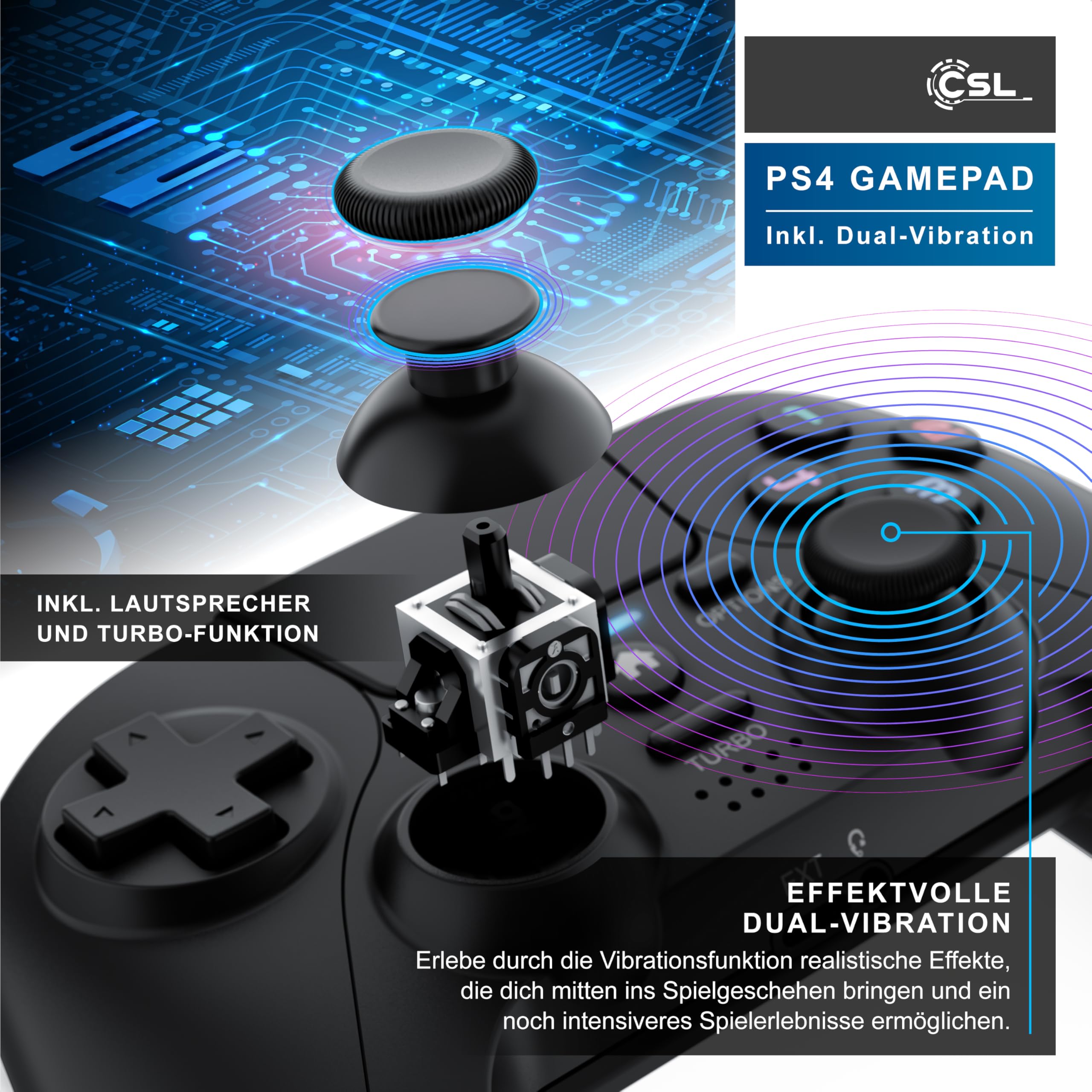 CSL - Wireless Gamepad für PC und PS4 - PC Anschluss - Wireless Controller - Dual Vibration - Headset Ausgang - Turbo Funktion - Touchpad - Share-Taste - eingebauter Lautsprecher