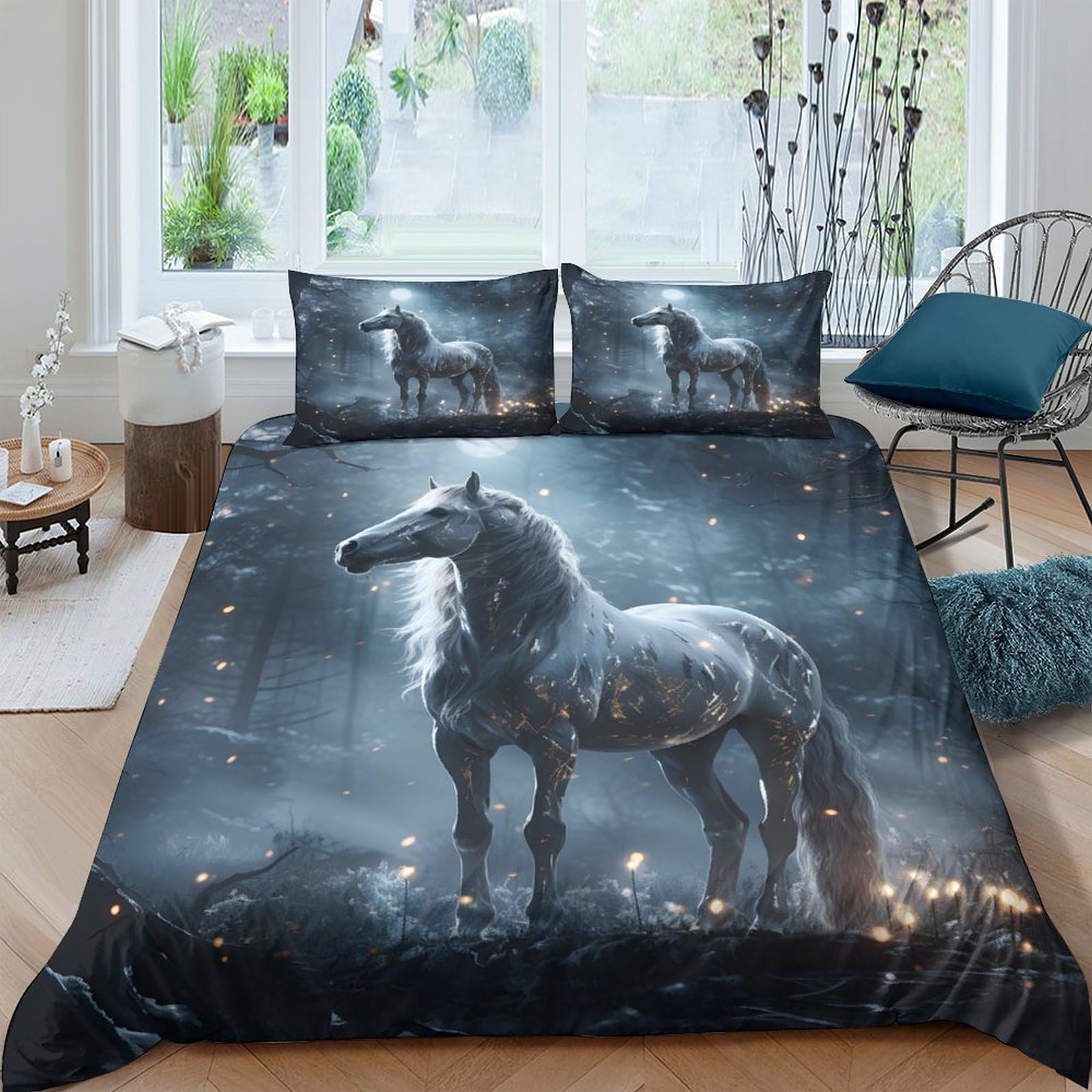 Ctjqhvkz Style-3 3D Printed Dark Forest Horse Fitted Sheet Microfiber Soft Bed Cover For Bedroom Guest Room Dorm Mattress Protection Single（135X200cm）