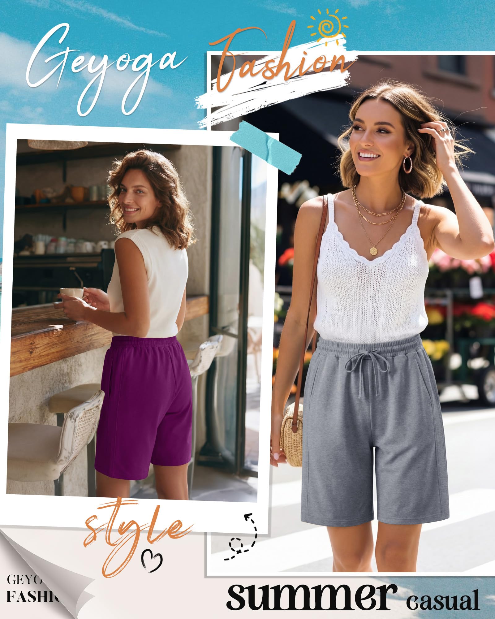 Geyoga Lot de 4 Bermudas pour Femmes, Taille Élastique avec Cordon de Serrage, Jambes Larges et Jambes Longues.